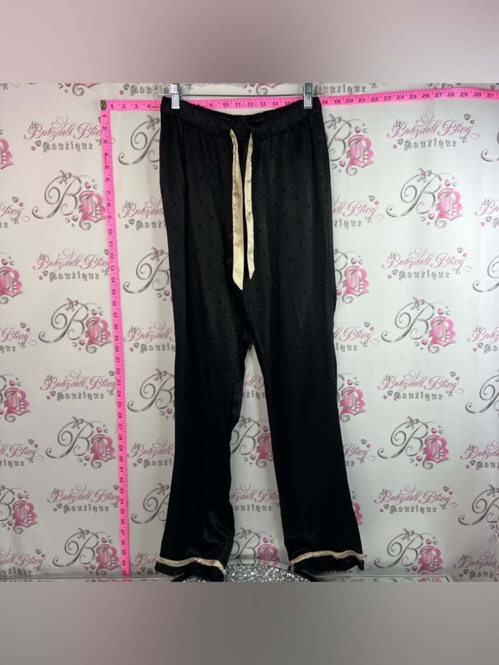 Victoria's Secret shiny pants bottoms Black Satin Pajama Pants dotted Cream Trim